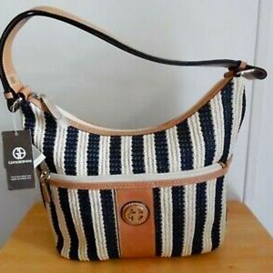 GIANI BERNINI Striped Straw Shoulder Hobo Style-9576nv Navy/Natural, Brown Trim